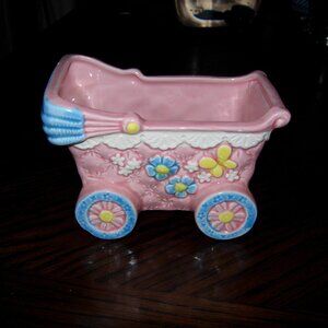 VINTAGE Lefton Pink Baby Carriage Planter 03716